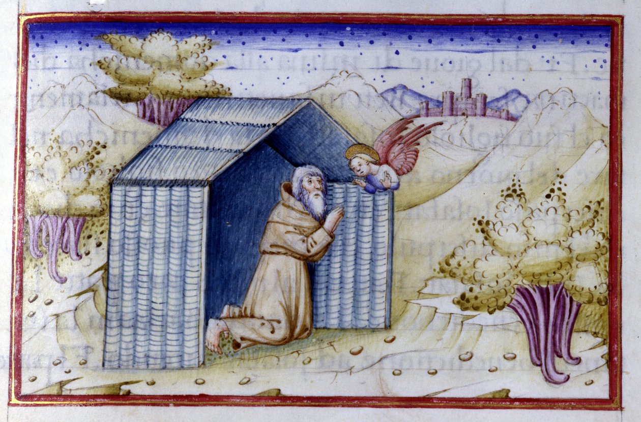 Enkeli vierailee erakon luona. 1500-luvun käsikirjoitus. Bibl. Nazionale Braidense. tekijältä Unknown artist