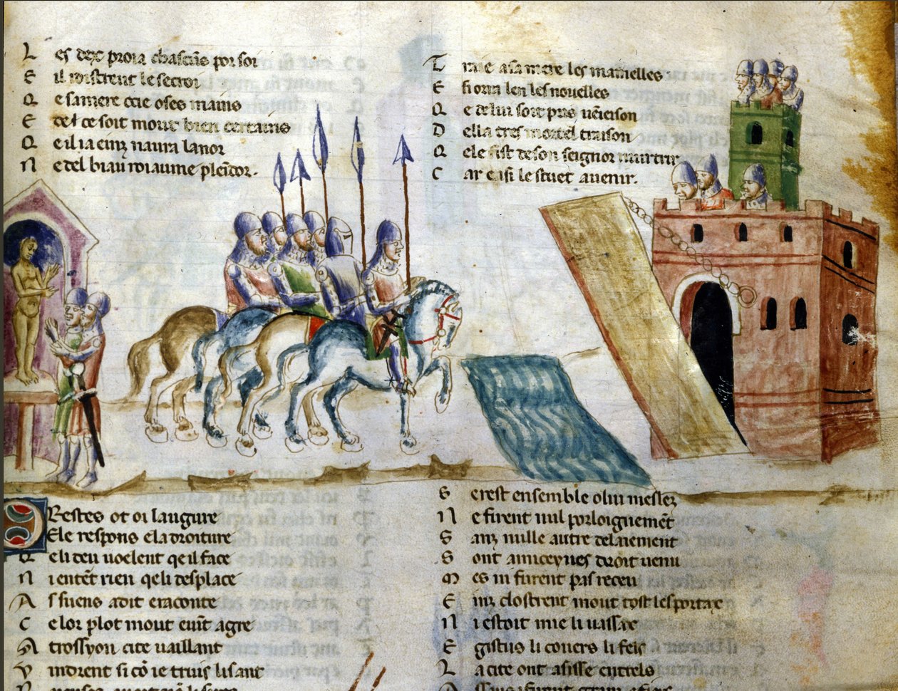 Armeija lähestyy linnaa. Benoit de Sainte Mauren "Roman de Troy" -miniatyyri. 1300-luku, Biblioteca Marciana, Venetsia tekijältä Unknown artist