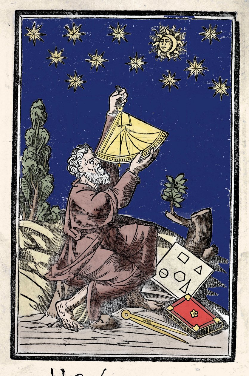 Tähtitieteilijä, joka tekee laskelmia sekstantin avulla pimennyksen aikana. Kaiverrus 1500-luvulta. tekijältä Unknown artist