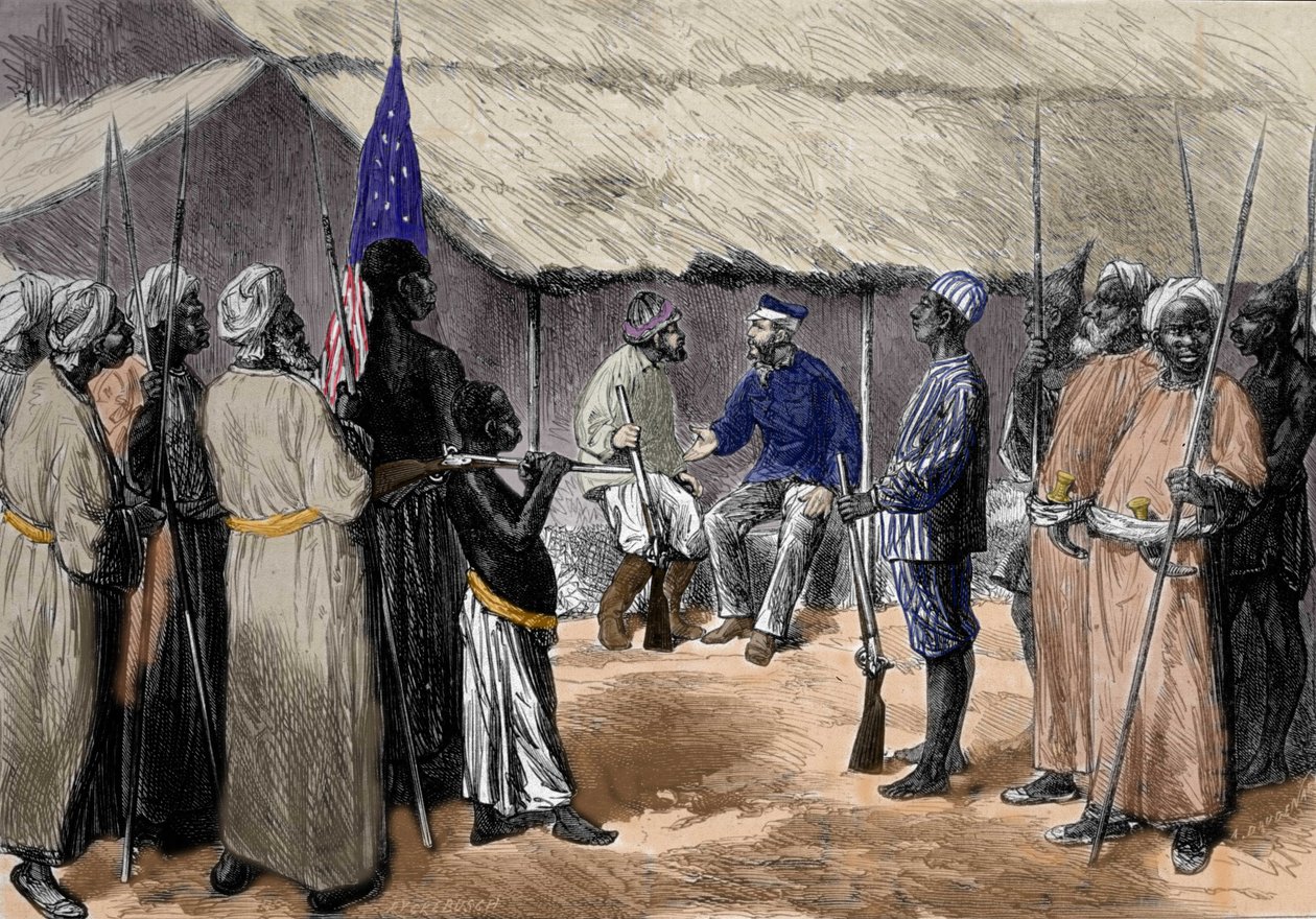 Englantilaisen lähetyssaarnaajan ja Afrikan tutkimusmatkailijan David Livingstonen (1813-1873) ja walesilaisen toimittajan, Afrikan tutkimusmatkailijan (1841-1904) Henry Morton Stanleyn kohtaaminen kylässä Keski-Afrikassa. tekijältä Unknown artist
