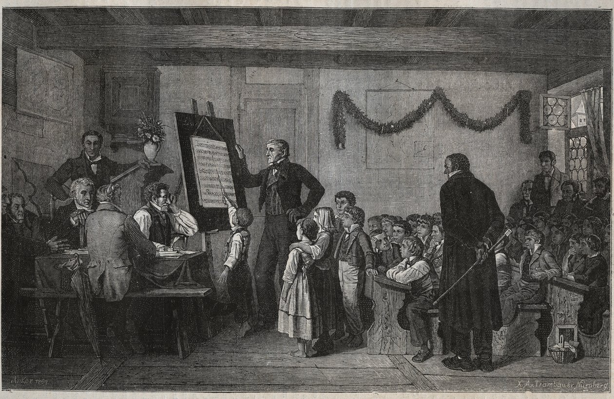 Koe sveitsiläisessä koulussa - Jules Gourdaultin kaiverrus "La suisse" tekijältä Unknown artist