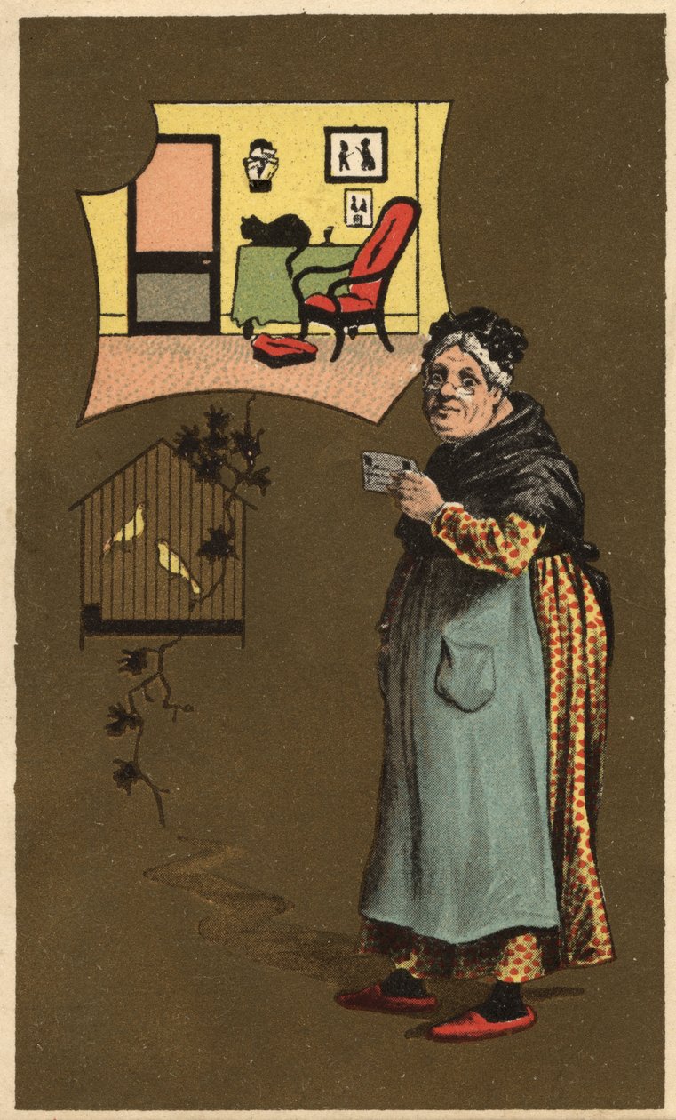Vanha nainen, jolla on kuppi lähellä lintujen häkkiä. Anonyymi kromolitografia, 1800-luvun loppu. tekijältä Unknown artist