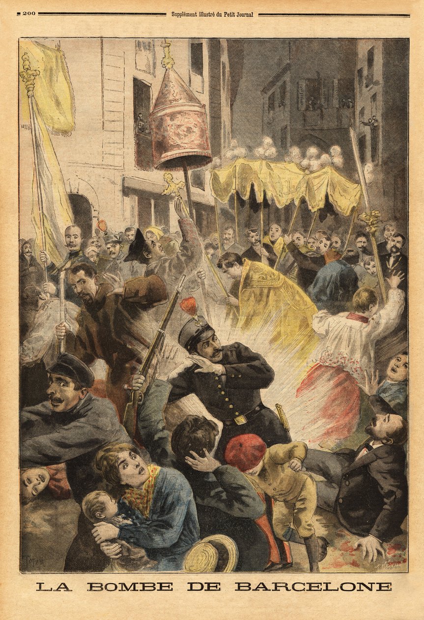 Anarkistihyökkäys Barcelonassa, pommiräjähdys Santa Marian kirkosta lähtevässä kulkueessa, katu nuevos cambios. Kaiverrus "" Le petit Journal" -lehdessä 21.6.1896. Selvan kokoelma. tekijältä Unknown artist