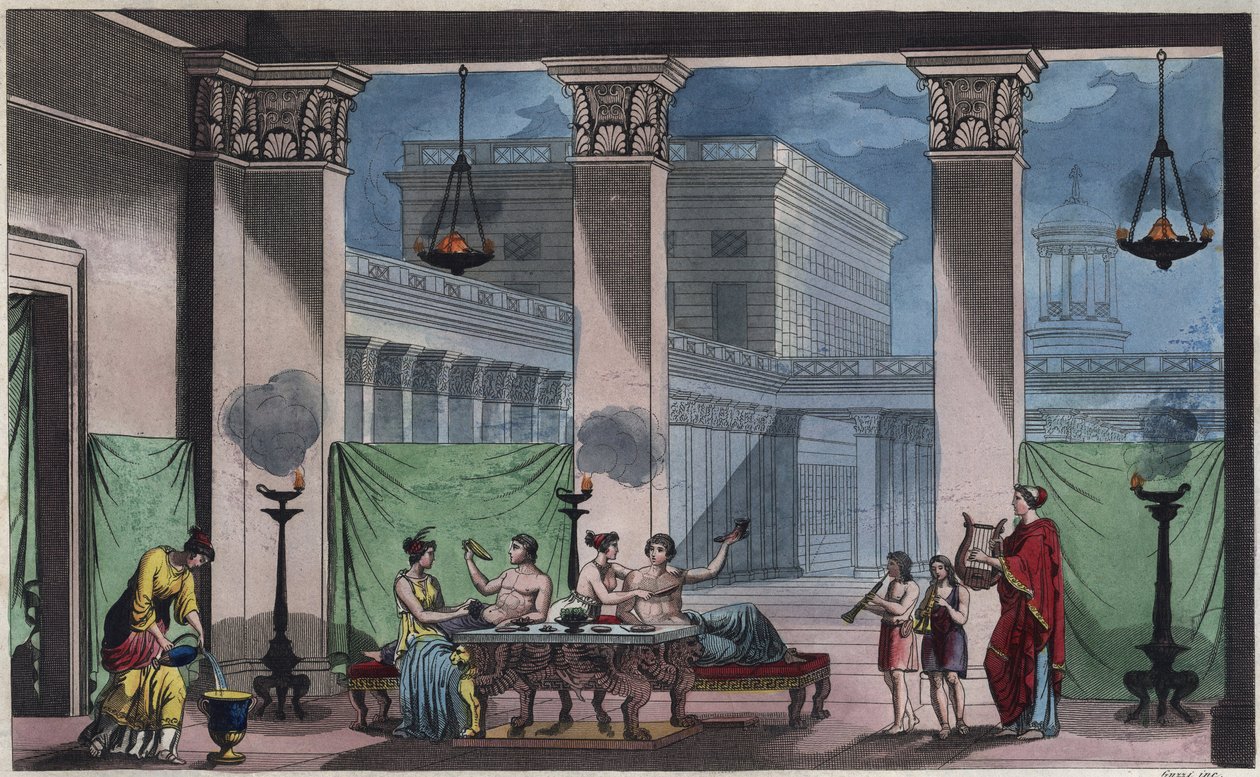Muinainen Kreikka - Triclinium - kaiverrus universumin kaikkien kansojen tavoista ja perinteistä. Eli kaikkien kansojen hallituksen, lakien, miliisin, uskonnon historia kaukaisimmista ajoista nykypäivään "1856 tekijältä Unknown artist