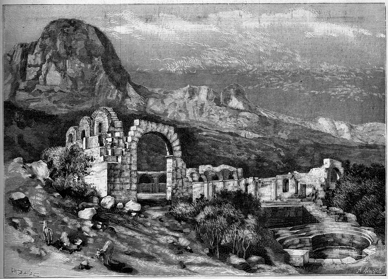 Muinainen arkkitehtuuri: Roomalaisen Zaghouanin (Tunisia) temppelin rauniot. Riugelin kaiverrus teoksessa "" The Illustrous World"" nro 1308, 22. huhtikuuta 1882. tekijältä Unknown artist