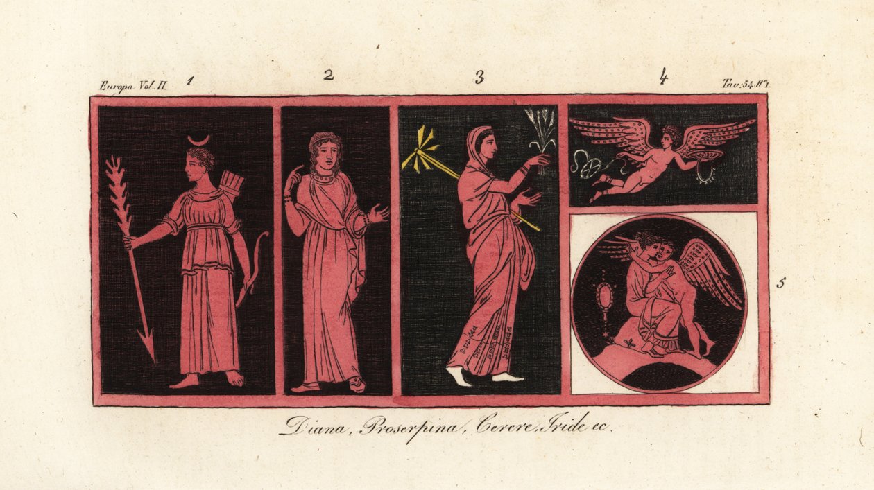 Muinaiset jumalattaret Diana 1, Proserpina 2, Ceres 3, Iris 4, Venus ja Amor 5 tekijältä Unknown artist