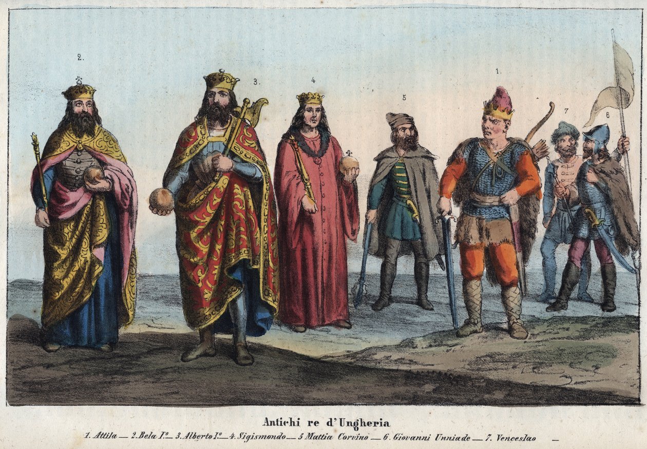 Muinainen Unkarin kuningas - Attila (n. 395-453) - Bela I Mestari tai Viisas (Bela I arpad tunnetaan nimellä Bela Bison tai Bela Champion, n. 1015-1063) - Albert I Saksan (Albert I of the Wisen) Habsburg tekijältä Unknown artist