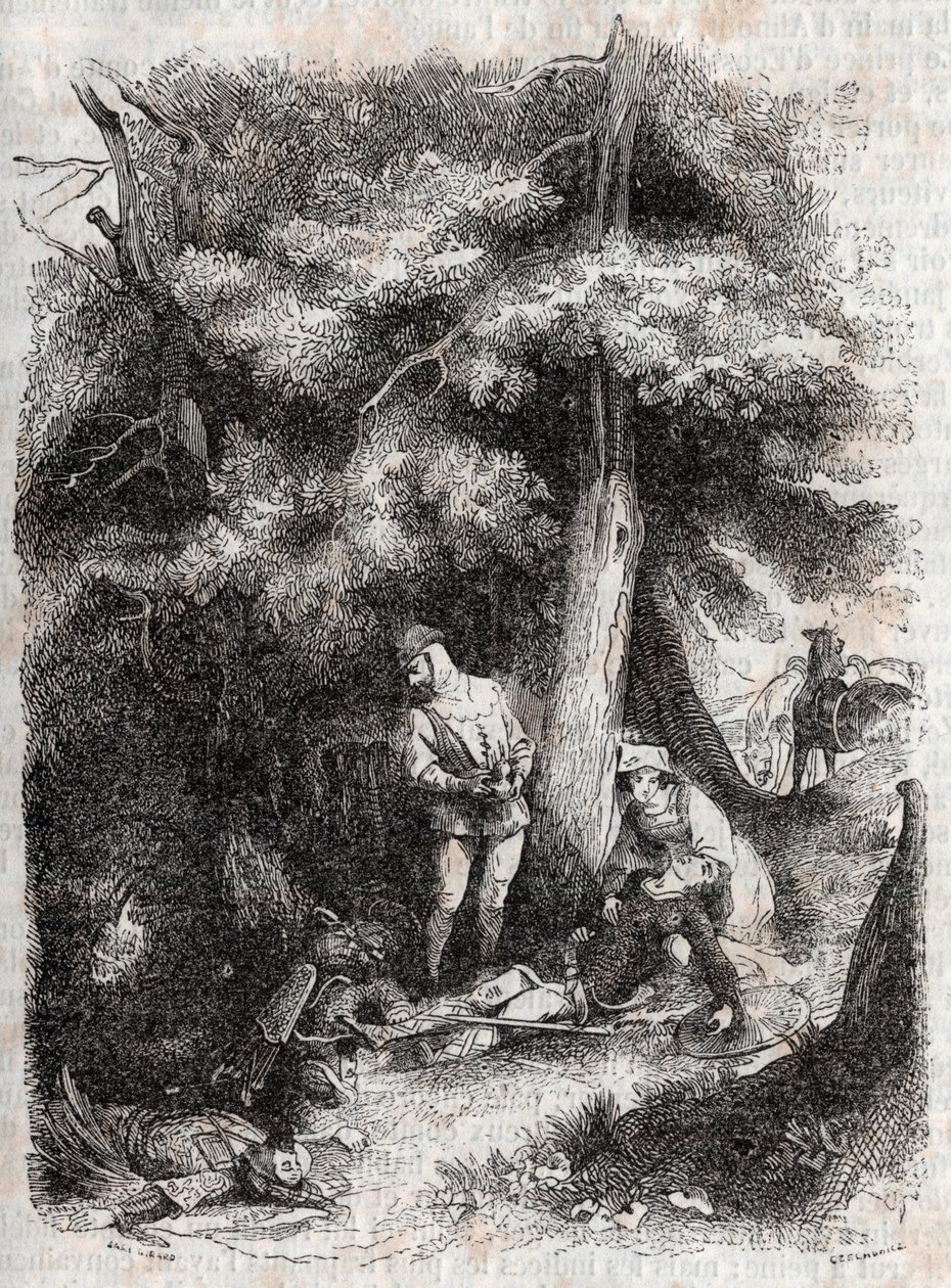 Angelique (Angelica) pelastaa Medorin (Medoro) wesse - kaiverrus vuodelta 1851 Ludovico Ariostosta "" Furious Roland"" (Orlando furioso) (1500-luku), joka tunnetaan nimellä Ariosta - Tressanin kreivi kääntänyt italiasta ja julkaisija Gustave Harv tekijältä Unknown artist