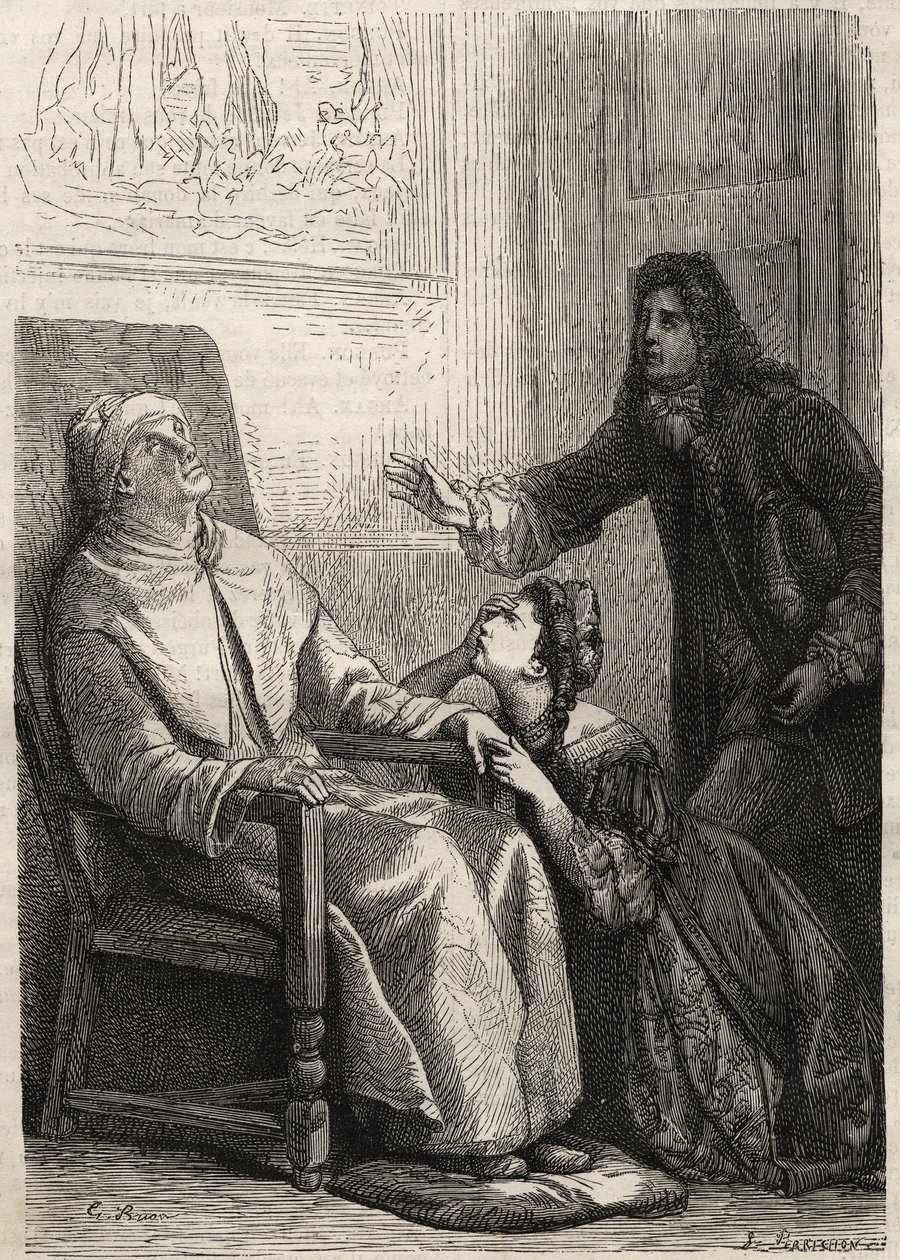 Angelique polvistuu isänsä luo, jonka hän uskoo kuolleeksi - kaiverrus Jean Baptiste Poquelin dit Molierelle (1622-1673) (Kuvitteellinen invalidi) tekijältä Unknown artist