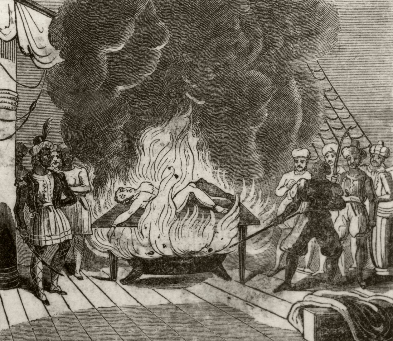 "Angora, intialainen merirosvo, paistamassa englantilaisen kapteenin elossa", n. 1836 tekijältä Unknown artist