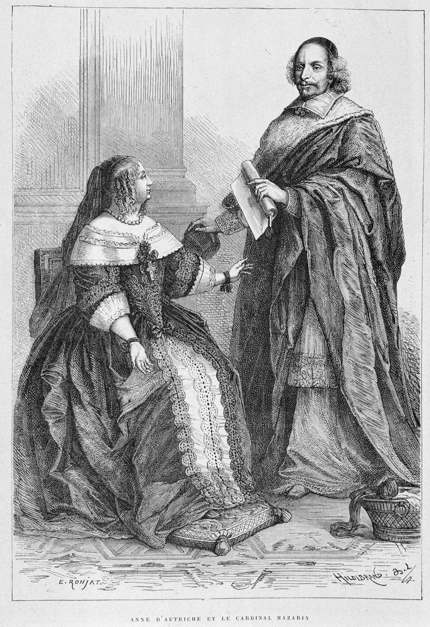 Anne Itävalta ja kardinaali Jules Mazarin (1602-1661) - Grav., M. Guizotin teoksessa "Histoire de France kaukaisimmista ajoista vuoteen 1789" tekijältä Unknown artist