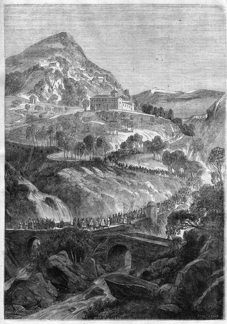 Vuotuinen pyhiinvaellus 21. maaliskuuta Pyhän Benedictuksen luostarissa Cavo-vuorella (Colli Albani) lähellä Roomaa - Kaiverrus vuodelta 1868 tekijältä Unknown artist