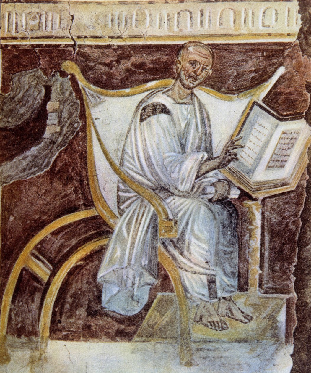 Anonyymi (noin 6. vuosisadalla). Vanhin muotokuva Pyhästä Augustinuksesta (354 - 430). Rooma. Palazzo Lateranense, Scala Santa (St. Staircase). Faksi. tekijältä Unknown artist