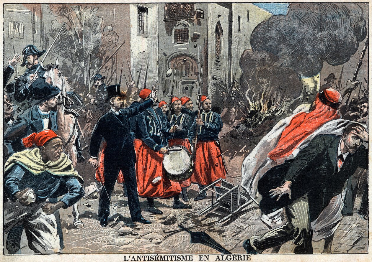 Antisemitismiä Algeriassa vuonna 1898 - Algerissa järjestettiin antisemitismin vastaisia mielenosoituksia, kenraalikuvernööri Louis Lepine puuttui asiaan estääkseen juutalaisten kauppojen ryöstelyn, esimerkki "" Le-Pelerin" -sanomalehdestä 6. helmikuuta tekijältä Unknown artist