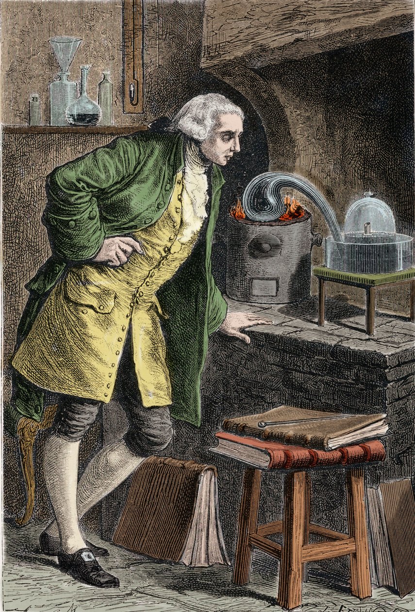 Antoine Laurent Lavoisier (1743-1894) ranskalainen kemisti, joka tutkii hapen olemassaoloa ilmassa: koe, jossa hän sai elohopeaoksidia - Lavoisier dans son laboratoire. Kaiverrus 1800-luvulta. tekijältä Unknown artist