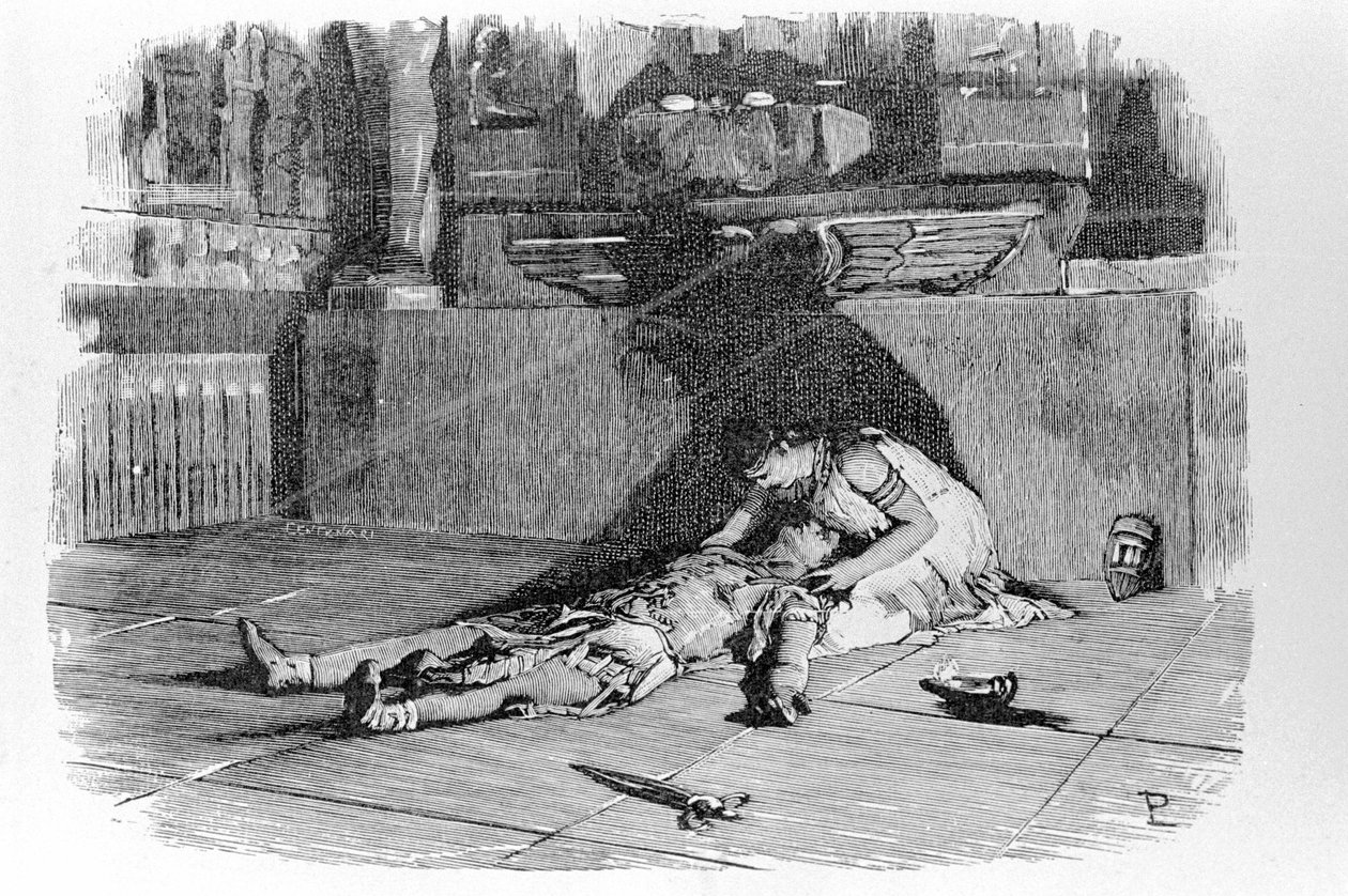 Antoine tai Marc Antoine (83 eKr. - 30 eKr.) kuolee Kleopatran käsivarsille uskottuaan Kleopatran itsemurhaan. Kaiverrus 1800-luvulta. tekijältä Unknown artist