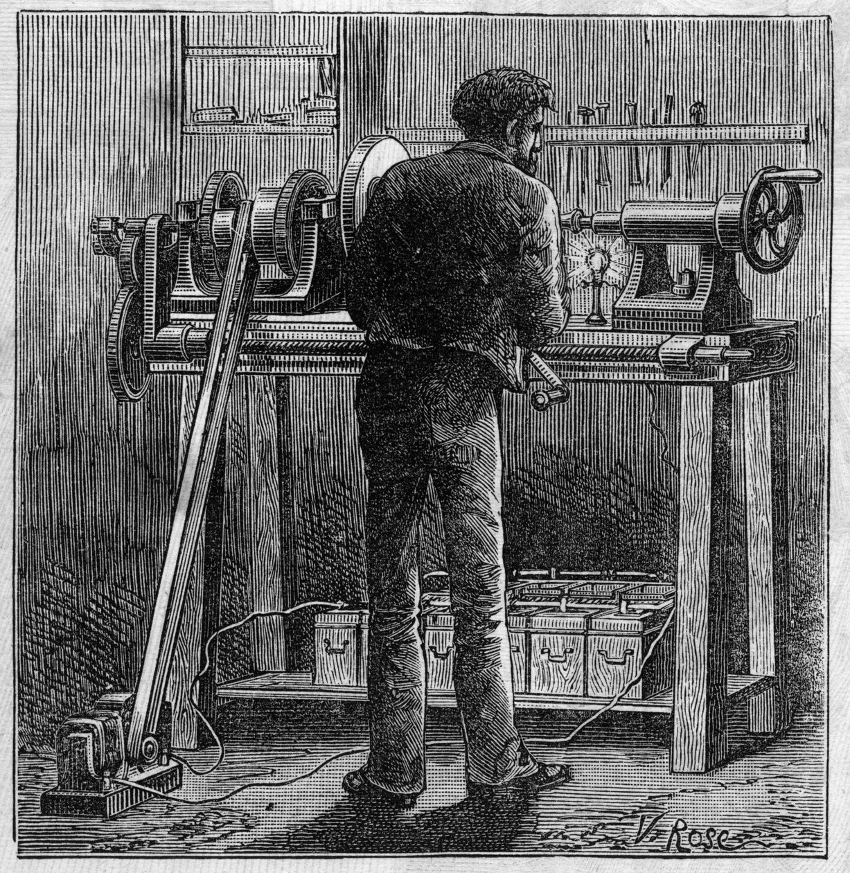 Faure-paristojen käyttö: akulla toimivan käsityöläisen vuoro. Kaiverrus "" Le Monde Illustré" -kirjassa tekijältä Unknown artist