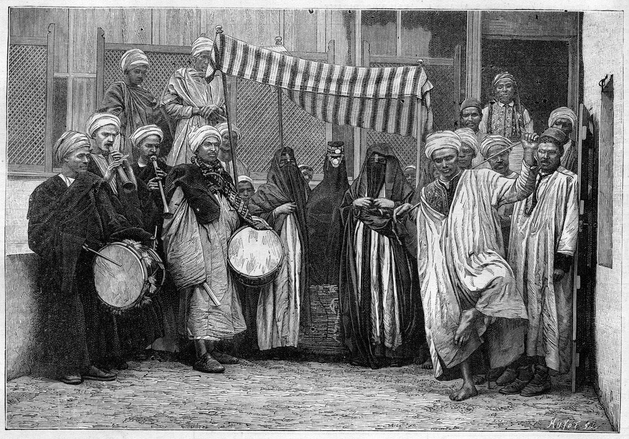 Arabitapa Egyptissä: Morsiuskorteesi Kairossa. Kaiverrus "" Le Monde Illustré" -kirjassa tekijältä Unknown artist