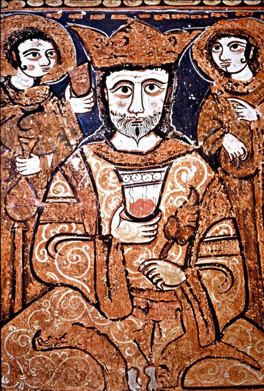 Arabonormand-tyylinen muotokuva Roger II:sta Sisiliasta (1095-1154) ympäröi korkeita arvohenkilöitä. Maalausta puulle 1100-luvulta. Palermo, Cappella Palatina del Palazzo Reale (kuninkaanlinnan kappeli) Sisilia, Italia tekijältä Unknown artist