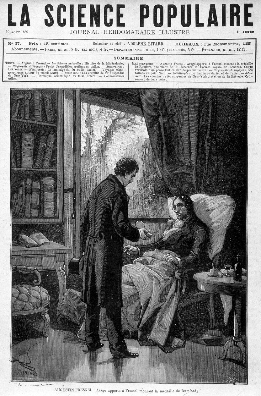 Arago tuo Augustin Fresnelille kuolevalle Rumfordin jaarli Benjamin Thompsonin mitalin "" Popular Science" -julkaisussa 19.8.1880 tekijältä Unknown artist