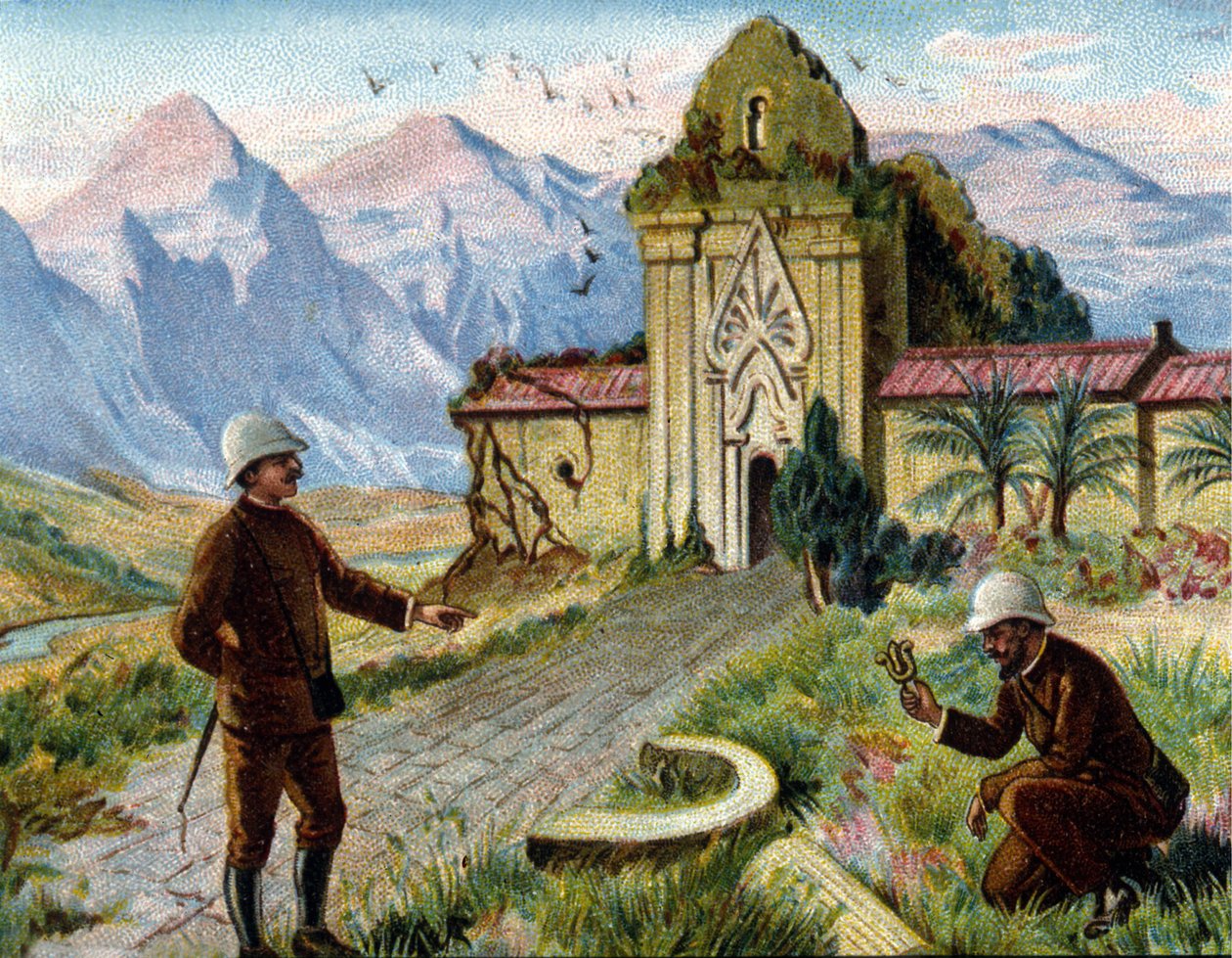Arkeologit Kambodžassa. kromolitografia 1800-luvun lopulla. tekijältä Unknown artist