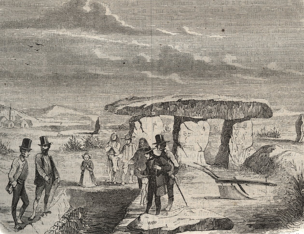 Arkeologiset kaivaukset: Gallialaisten hautojen löytö lähellä Dolmen de la Pierre aux Fees (Pierre-aux-Fees) Oisessa (60). Kaiverrus vuodelta 1856 "" Le Musee Des Sciences "" tekijältä Unknown artist
