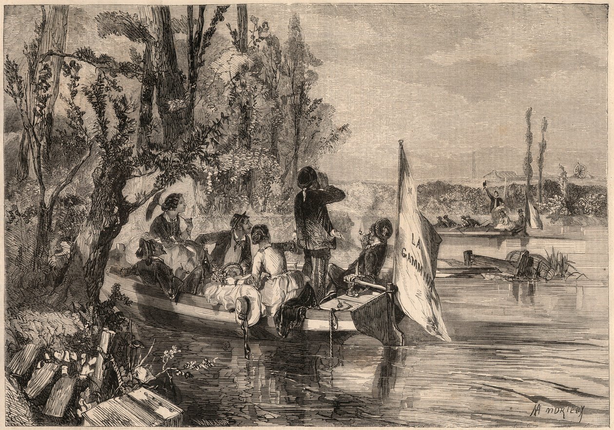 Pariisin ympärillä 1857. Asnieresissa melojia. Kaiverrus "Le Monde illustrious" -kirjoitukseen vuodelta 1857. Yksityinen kokoelma. tekijältä Unknown artist