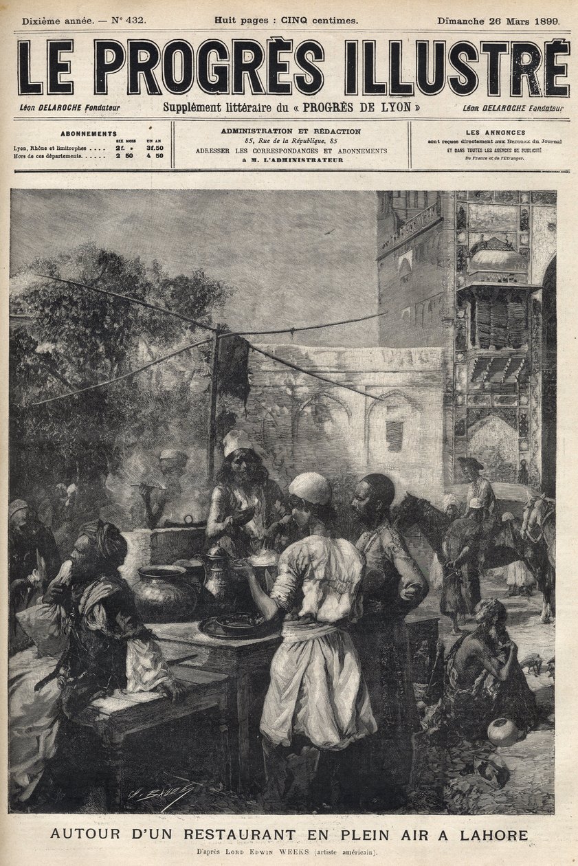 Ulkoilmaravintolan ympärillä Lahoressa, Pakistanissa - maaliskuun 1899 "The illustrious progress" -kansi - tekijältä Unknown artist