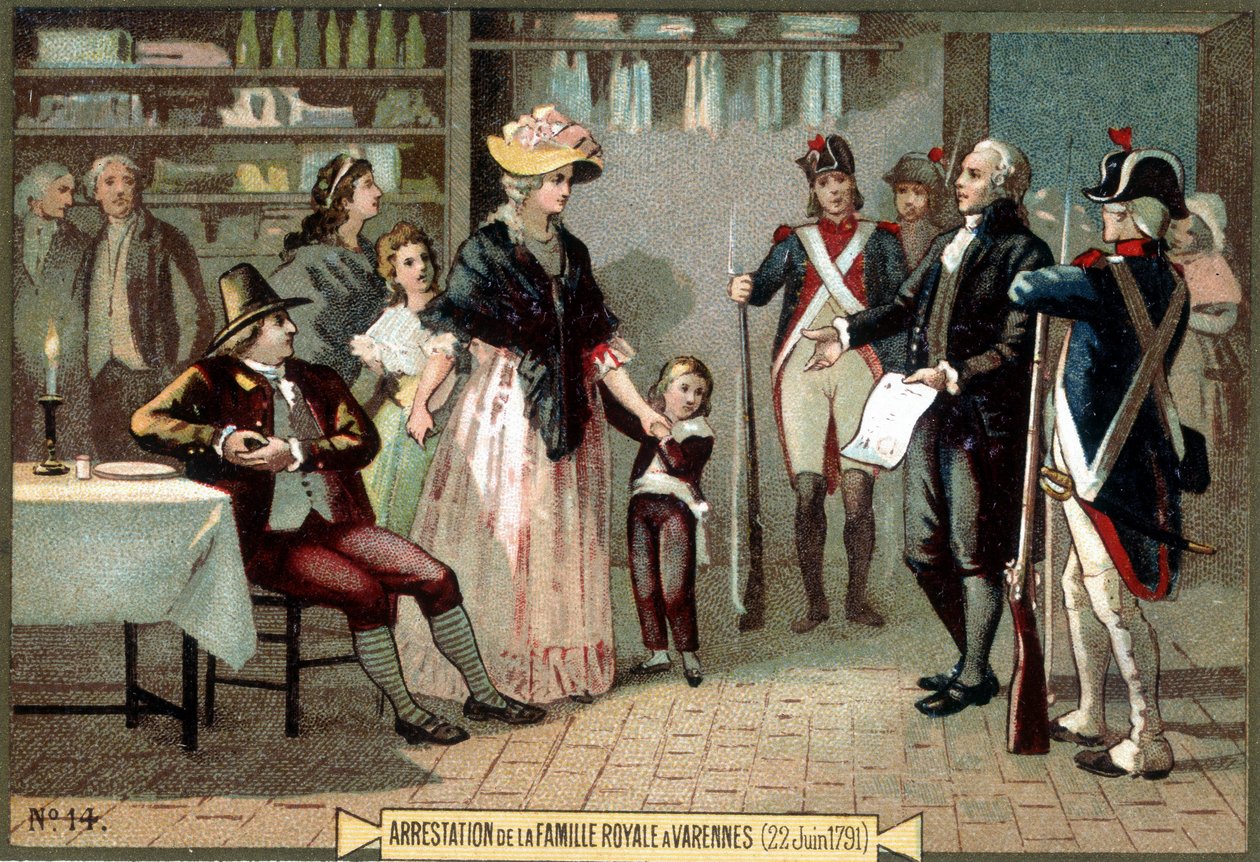 Kuninkaallisen perheen (Louis XVI ja Marie Antoinette lastensa kanssa) pidätys Varennesissa (22.6.1791). Kromolitografia 1800-luku. tekijältä Unknown artist