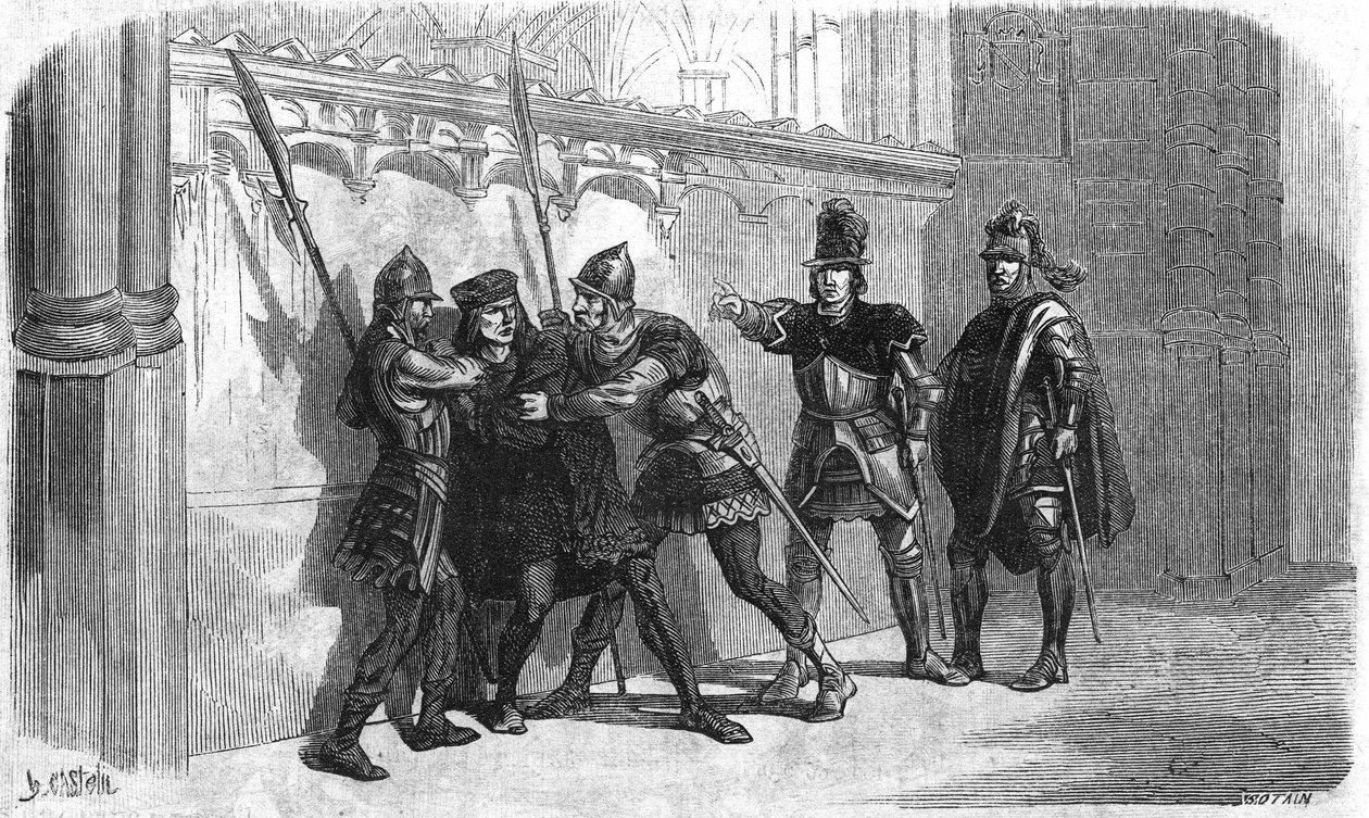 Rubempren basardin pidätys Louis XI:n hallituskaudella. Kaiverrus 1800-luvulta. tekijältä Unknown artist