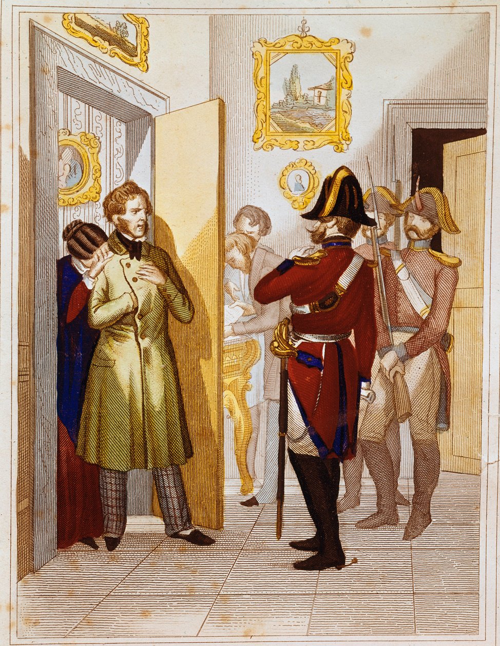 Italian joukot pidättivät isänmaallisen Federico Confalonierin (1785-1846). Kaiverrus 1800-luvun Museo del Risorgimentosta, Roomasta tekijältä Unknown artist