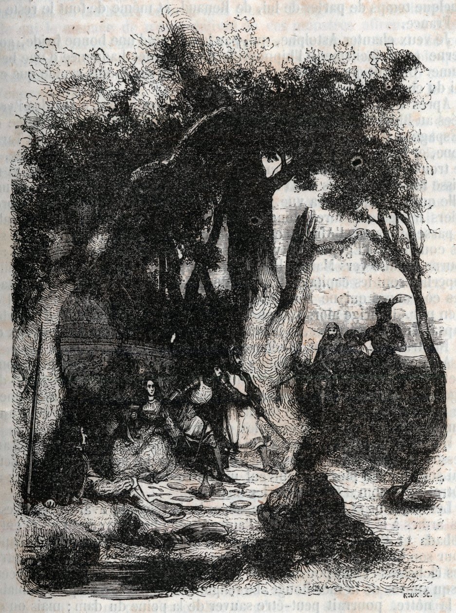 Rodomontin ja Mandricardin saapuminen Merlinin suihkulähteelle - Ludovico Arioston kaiverrus vuodelta 1851 "" Roland Furieux