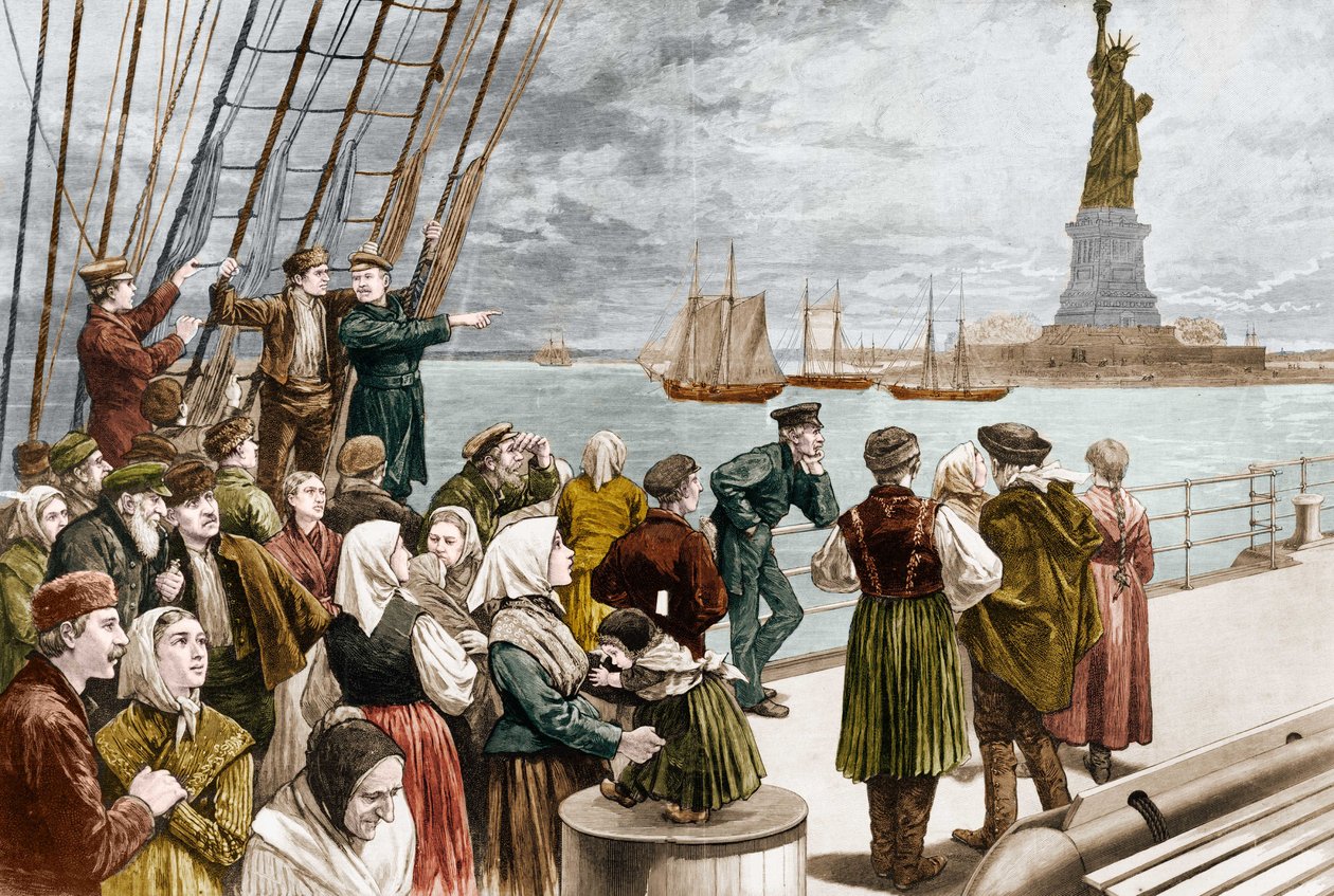 Maahanmuuttajien saapuminen New Yorkiin vuonna 1887 (taustalla Vapaudenpatsas). ©Leemage tekijältä Unknown artist
