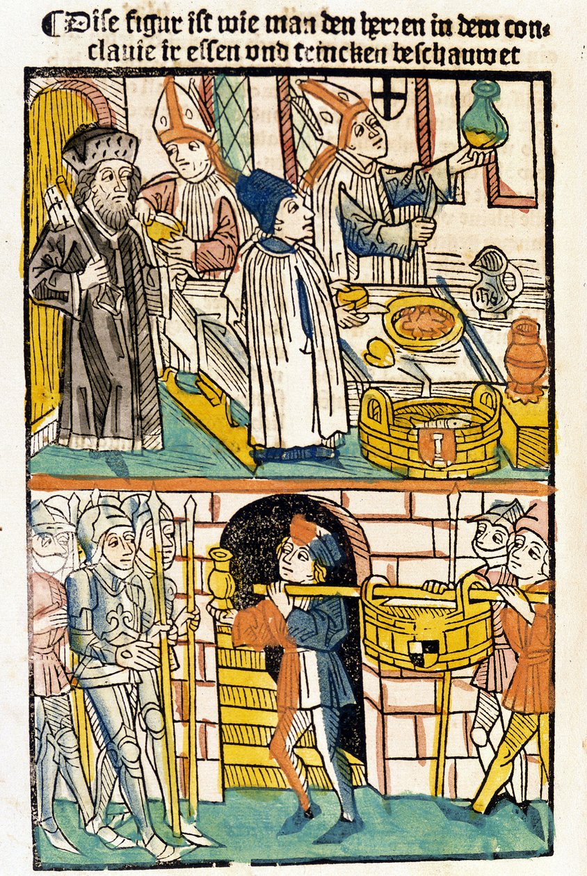 Ruoan saapuminen, jotta Konstanzin kirkolliskokouksen (1417), jonka aikana paavi Martinus V valittiin, jäsenet voivat syödä. “Das Concilium” tekijältä Unknown artist