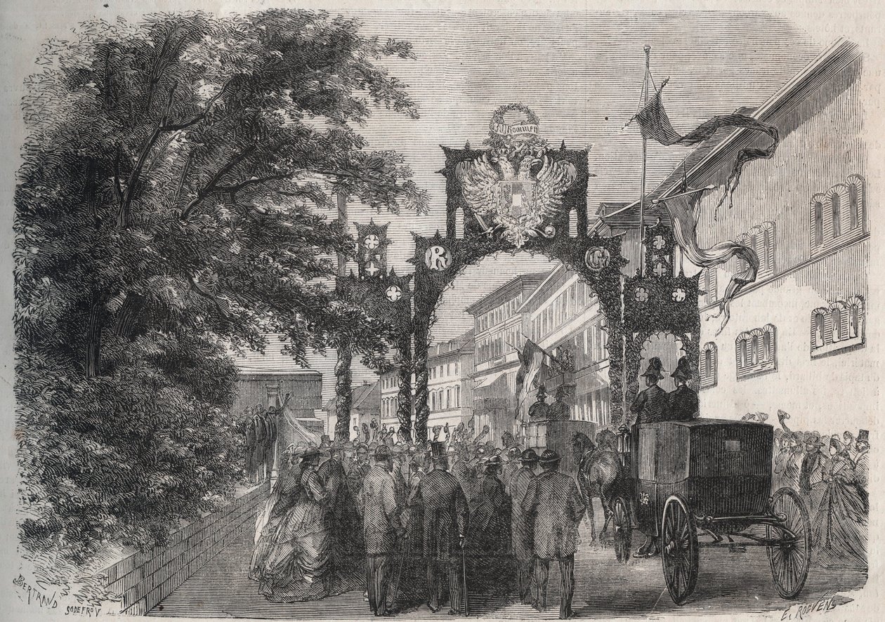 Itävallan Elisabethin (Sissi) (Itävallan Elisabeth) saapuminen Bad Kissingeniin (Kylpylä) vuonna 1865 - kaiverrus vuoden 1865 "Kuvallinen maailma" tekijältä Unknown artist
