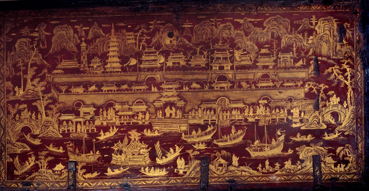 Portugalilaisten saapuminen Nanjingiin (Nanjing tai Namquin), Kiina. Laatikon kansi päällystetty punaisella ja kullalla maalilla. 17. vuosisata. Porto, kansallismuseo tekijältä Unknown artist