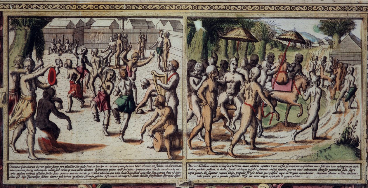 Art Portugal: Luis Texeiran (1602-1650) Guinean kartan alkuperäiskansojen tanssi, Kaiverrus 1600-luvulta. tekijältä Unknown artist