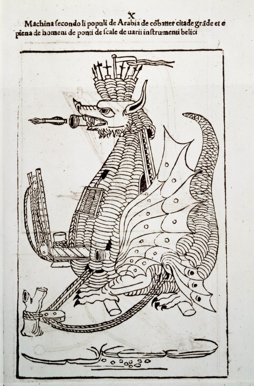 Sotataide: tutkimus sotakoneista. "" Arabica machina"", arabialainen kone kaupungin piirittämiseen, kuvitus insinööri Roberto Valturion (1413-1483?) teoksesta "De re Militari" tekijältä Unknown artist