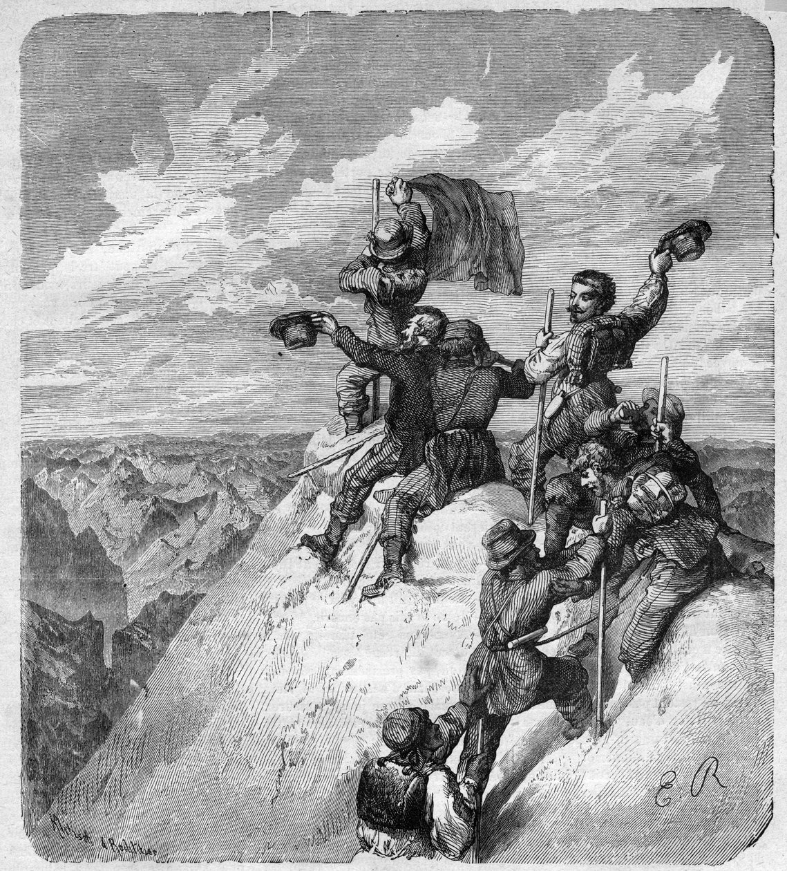 Ascension of the Illimani (6,439 m) (Nevado Illimani, Pariisin huippu) Charles Wiener (1851-1913), ranskalainen tutkimusmatkailija ja diplomaatti ja hänen toverinsa - kaiverrus "" journal des voyages""" 1887 tekijältä Unknown artist