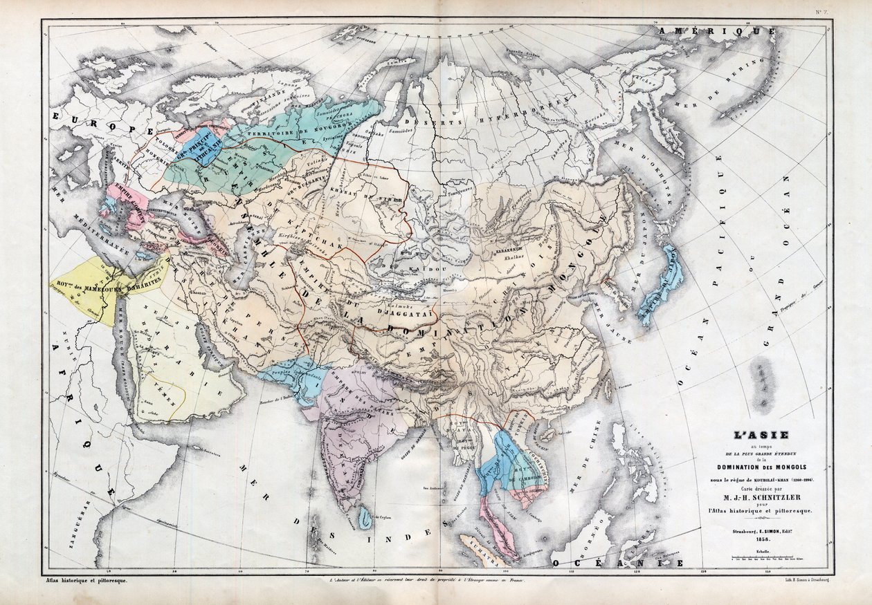 Aasia mongolien suurimman vallan aikana Qubilai (Kubilai Khan) vallan alla (1260-1294) - Kartan laatinut M J-H Schnitzler, Historiallinen ja maalauksellinen atlas 1857 tekijältä Unknown artist