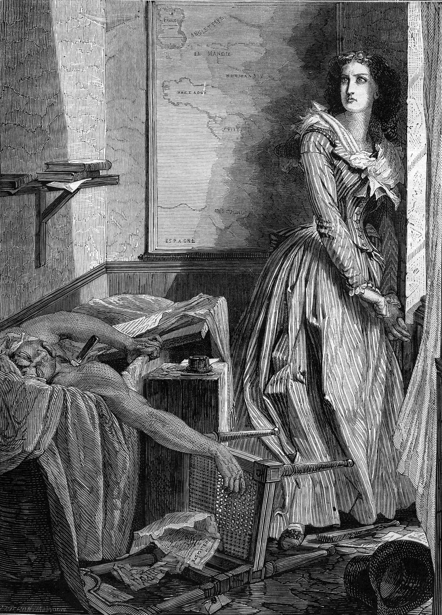 Charlotte Corday (1768-1793) murhasi Jean Paul Maratin (1743-1793) 13. heinäkuuta 1793 Pariisissa. Kaiverrus vuodelta 1860. tekijältä Unknown artist