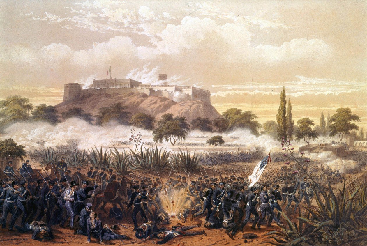 Chapultepecin hyökkäys syyskuussa 1847 Yhdysvaltojen ja Meksikon välisen sodan aikana. Kaiverrus vuodelta 1850. tekijältä Unknown artist