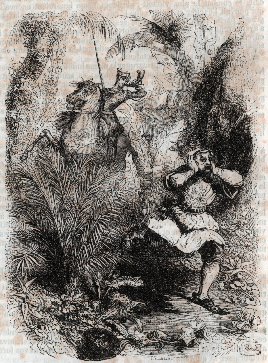 Astolphe pakottaa Caligorantin pakenemaan - Ludovico Arioston (1500-luku) kaiverrus "" Furious Roland" (Orlando furioso) (1500-luvulla), joka tunnetaan nimellä Ariosto - Tressanin kreivi kääntää italiasta ja julkaisi Gustave Harvard 1851. tekijältä Unknown artist