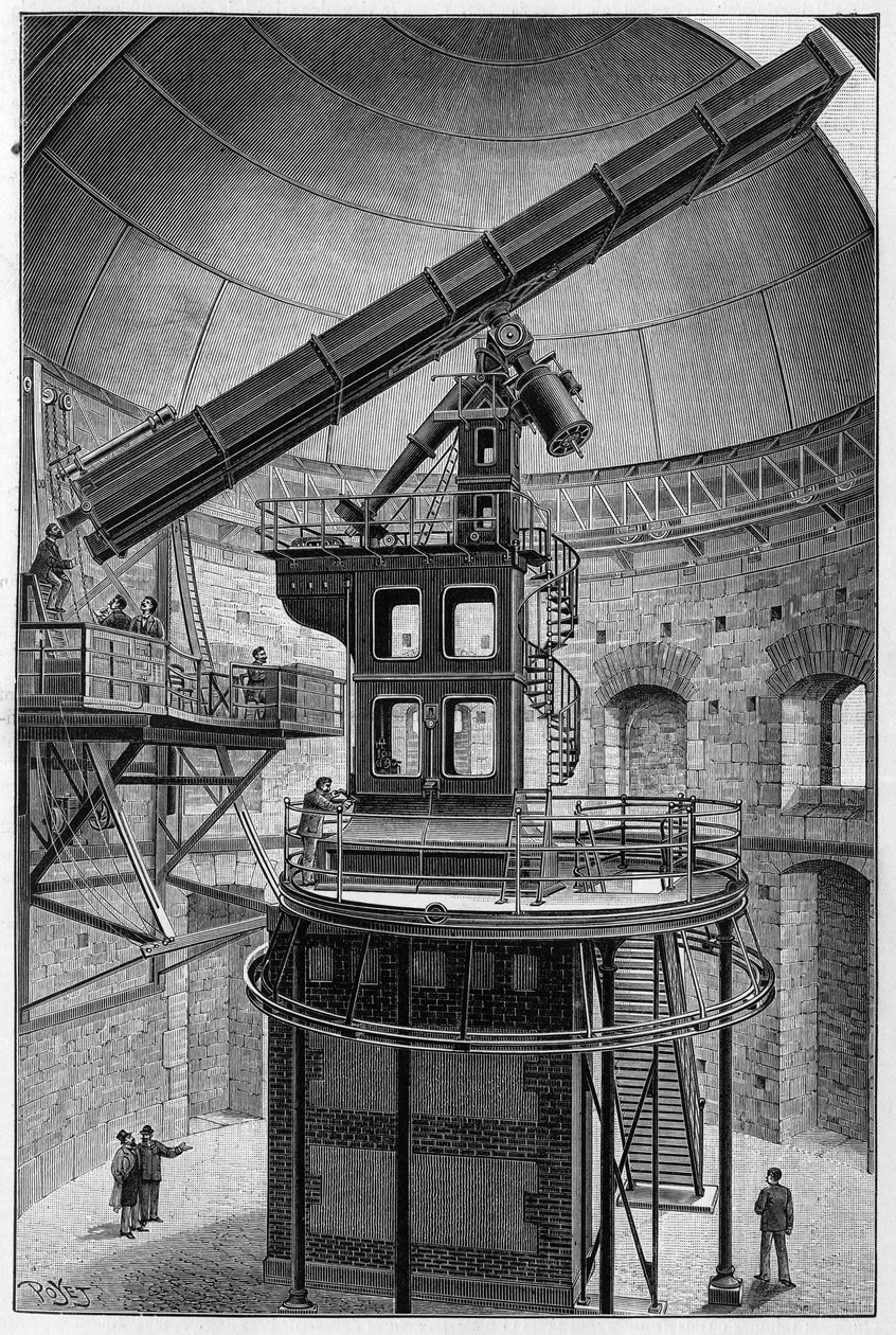 Instituutin jäsenen, Meudonin fyysisen tähtitieteen observatorion johtajan Janssenin tähtitieteelliset lasit. Kaiverrus "" La Nature: revue des sciences et de leurs applications aux arts et a l