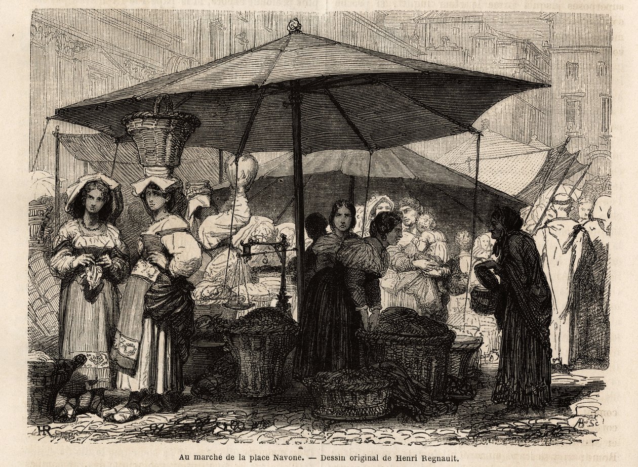 Piazza Navonan juurella, Roomassa (Italia). Kaiverrus havainnollistamaan matkaa Roomaan, Francis Wey, vuosina 1864-1868, julkaistu "Le tour du monde, nouveau journal des voyages" -lehdessä Edouard Chartonin johdolla. tekijältä Unknown artist