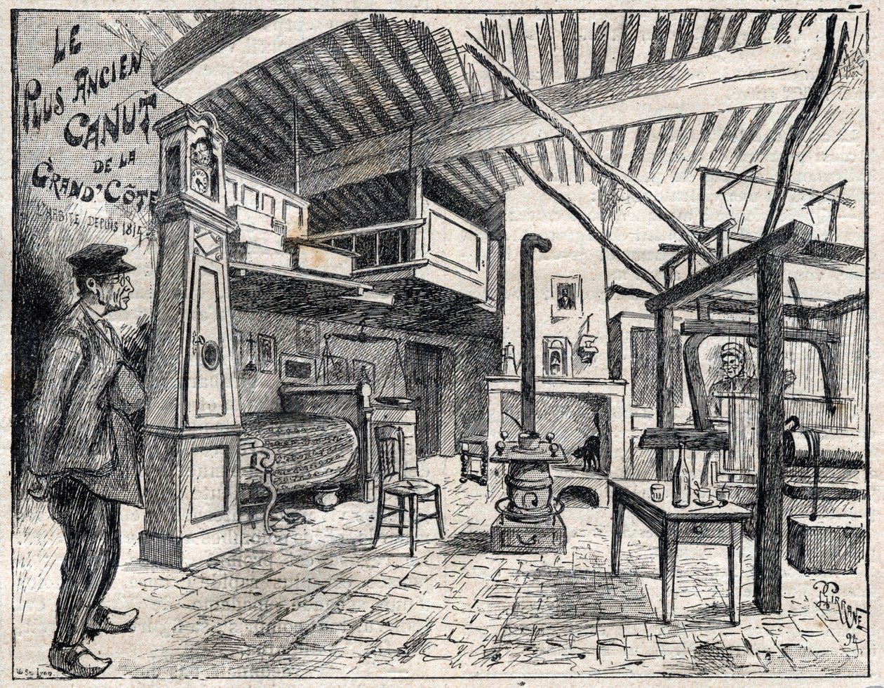 Atelier de Canut a Lyon - Grand Coten vanhin kanuutti vuodesta 1814 lähtien kaiverruksella "Le Progres illustrious" vuodelta 1895 tekijältä Unknown artist