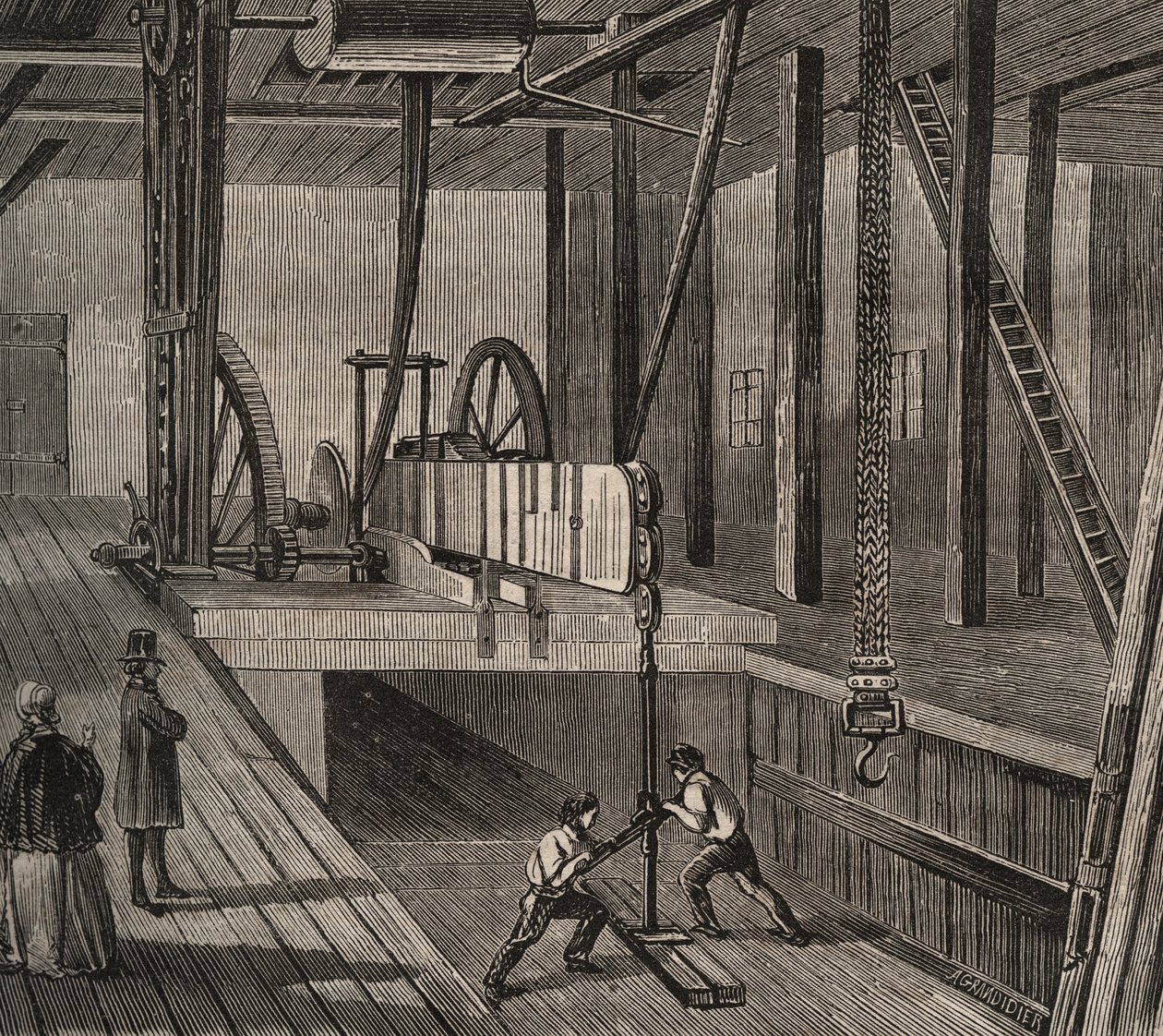 Atelier de drilling du well artesian de Passy. Kaiverrus vuodelta 1856 "Le Musee Des Sciences" tekijältä Unknown artist