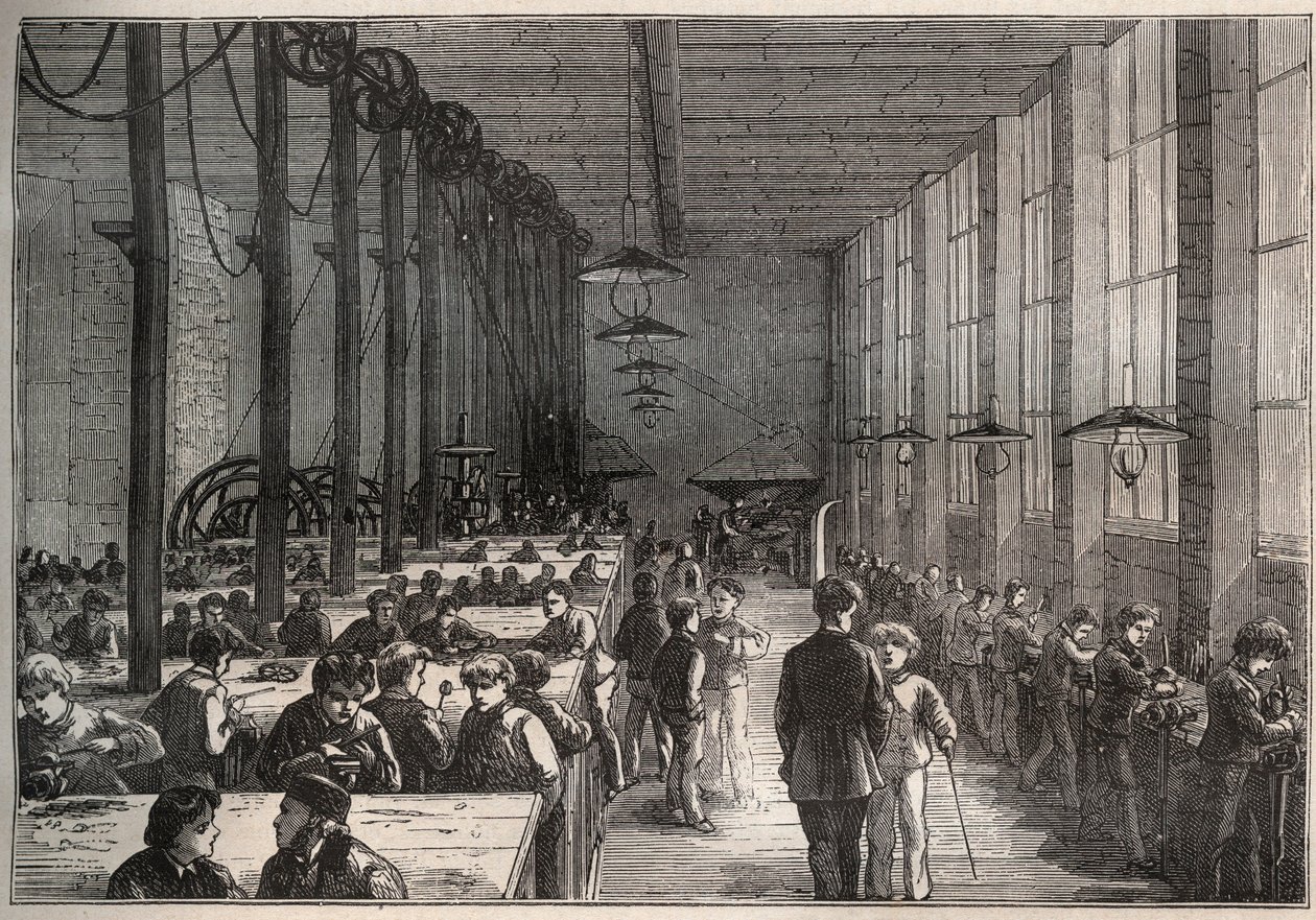 Rautapaja - Kunnallinen oppisopimuskoulu Boulevard de la Villette -kadulla Pariisissa vuonna 1875 - kaiverrus tekijältä Unknown artist