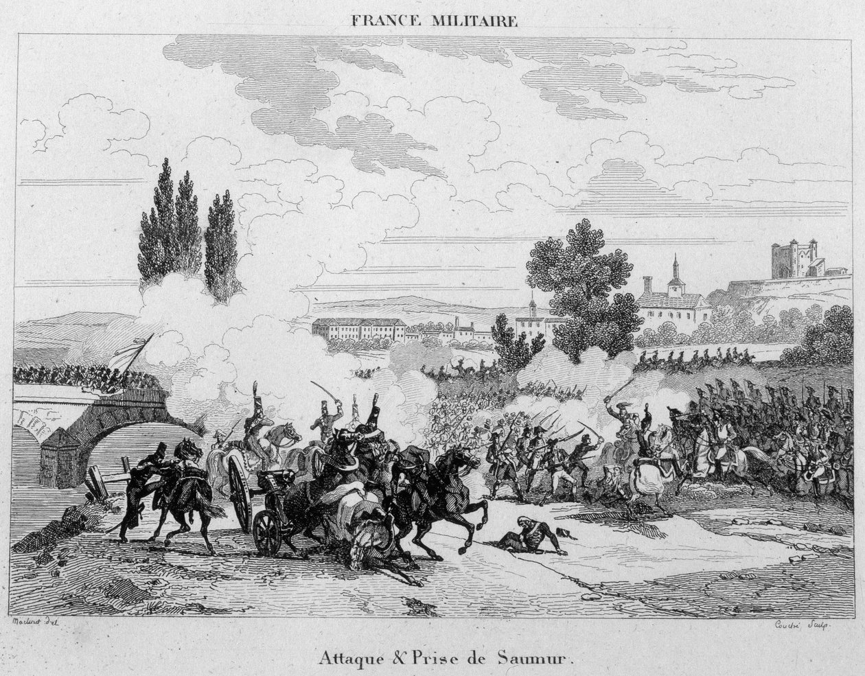 Saumurin hyökkäys ja vangitseminen. 1800-luvun kaiverrus. tekijältä Unknown artist