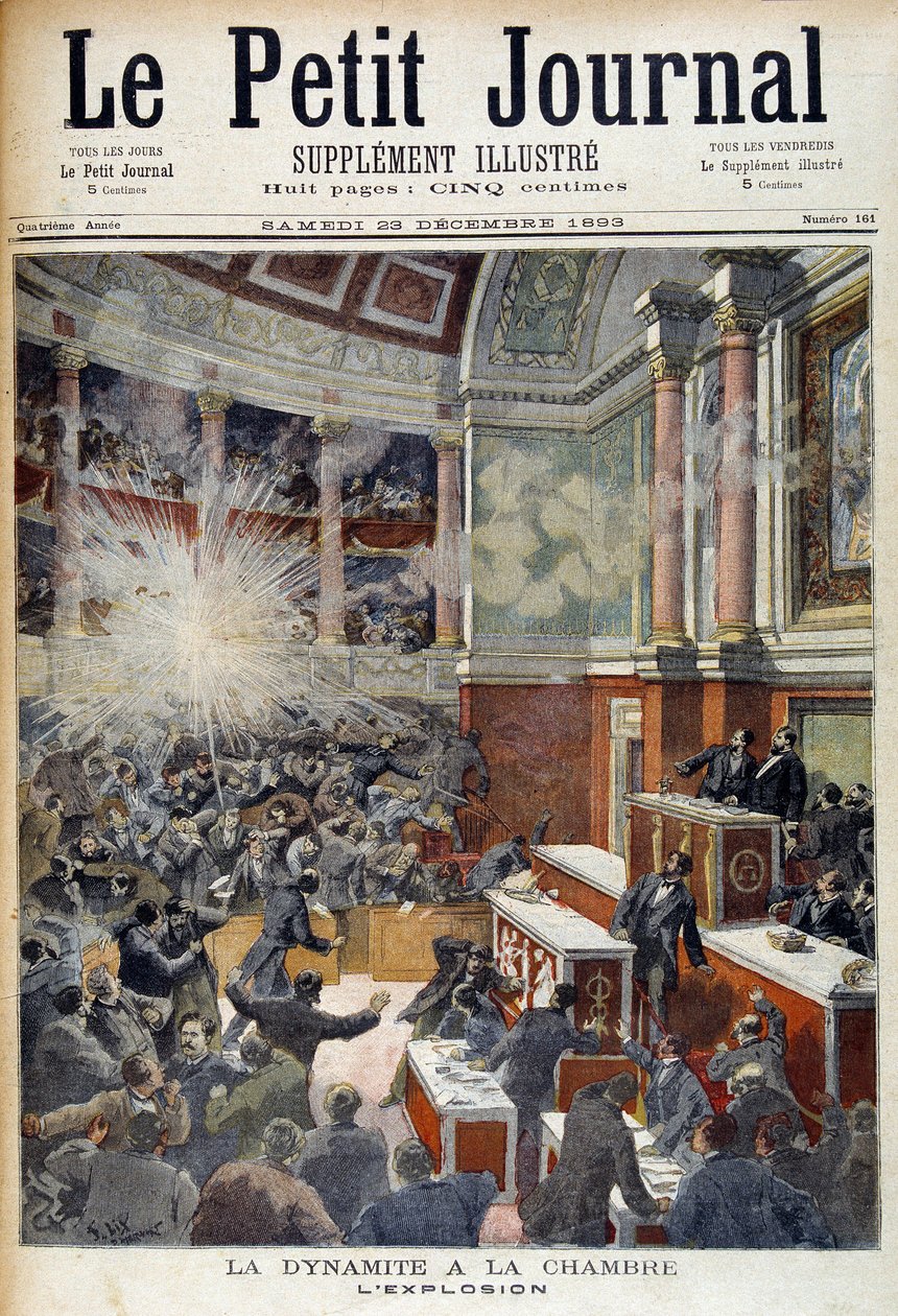 Hyökkäys edustajainhuoneessa. Räjähdys, jonka aiheutti anarkisti Auguste Vaillantin (1861-1894) pommi. "" Le Petite -lehdessä", 23.12.1893 tekijältä Unknown artist
